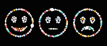 Pills, capsules and tablets, that form a smiling, a neutral and a frowning face, as a positive, neutral and negative symbol concerning medical and pharmaceutical issues.  On black background.のイラスト素材