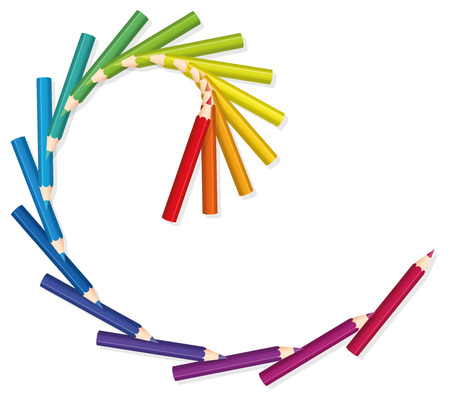 Colored pencils that form a golden cut spiral. Isolated  illustration on white background.のイラスト素材