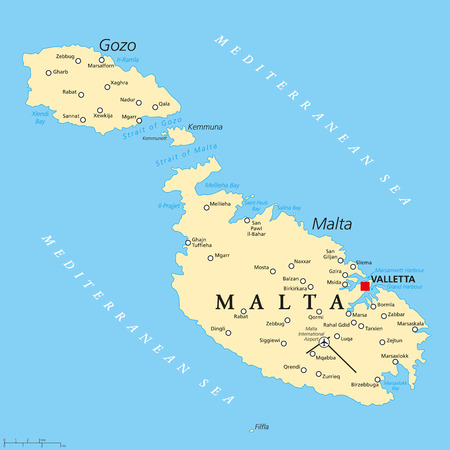 Malta political map with capital Valletta and important cities. English labeling and scaling. Illustration.のイラスト素材