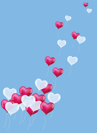 Heart shaped balloons soaring into the air. Vector illustration on blue background.のイラスト素材
