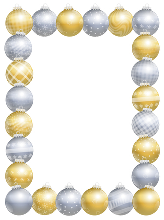 Christmas balls picture frame, gold, silver, different ornaments and patterns, twenty-four items, vertical portrait format - isolated vector illustration on white background.のイラスト素材