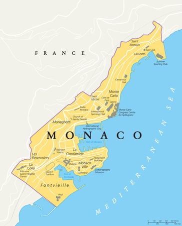 Monaco political map. City state in on the French Riviera, France, with national borders, important buildings and sights. English labeling and scaling. Illustration.のイラスト素材