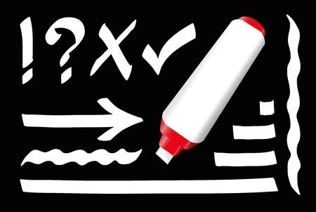 White marker pen, strokes and signs like question mark, call sign, tick mark and arrow. Isolated vector illustration on black background.のイラスト素材