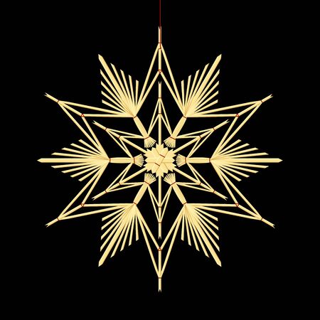 Straw star - old fashioned homemade xmas ornament hanging on a red thread. Isolated vector illustration on black background.のイラスト素材