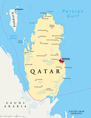 Qatar political map with capital Doha, national borders, important cities, salt pans and reefs. English labeling and scaling. Illustration.のイラスト素材