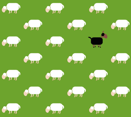 Black sheep with white sheep on a green pasture. Seamless background can be created in all directions. Isolated vector illustration on green background.のイラスト素材