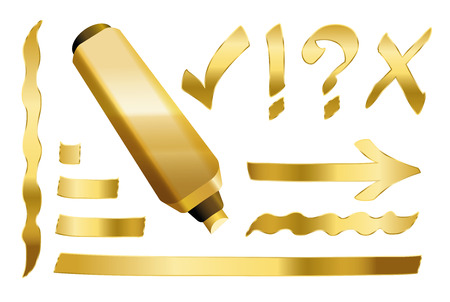 Gold marker - plus some gilded signs like call sign, question mark, tick mark, arrow and underlining. Vector illustration over white background.のイラスト素材