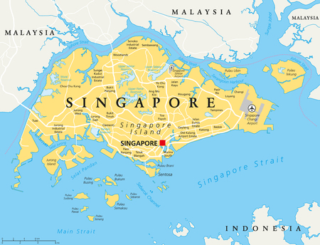 Singapore island political map with capital Singapore, national borders and important cities. English labeling and scaling. Illustration.のイラスト素材
