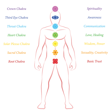 Chakras - names and meanings - male body frontal. Outline vector illustration on white background.のイラスト素材