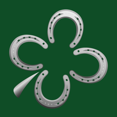 Horseshoes forming a clover leaf as a symbol for good luck. Vector illustration on green background.のイラスト素材