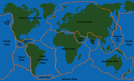 Plate tectonics - world map with fault lines of major an minor plates.のイラスト素材