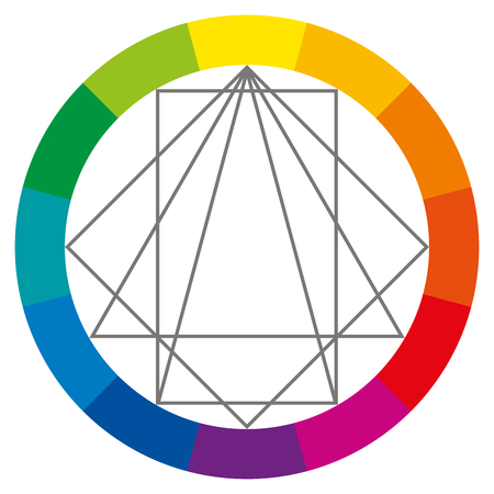 Color wheel showing complementary colors that are used in art and paintings. Square, rectangle and two triangles can be turned around to show possible color combinations. Color theory. Illustration.のイラスト素材