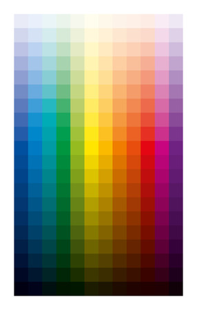 Color table light and dark. Twelve basic colors gradated from white to the black in ten percent steps. CMYK print palette analogous to subtractive color circle developed from red, yellow and blue.のイラスト素材