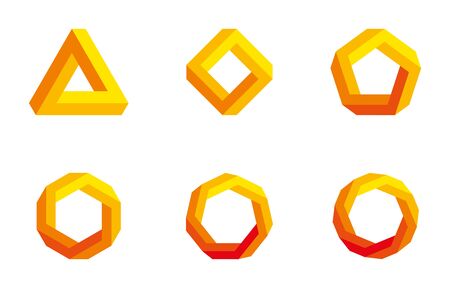 Pen rose triangle and polygons in yellow and orange colors. Pen rose tribar, an impossible object, appears to be a solid object. Further square, pentagon, hexagon, heptagon and octagon. Illustration.のイラスト素材