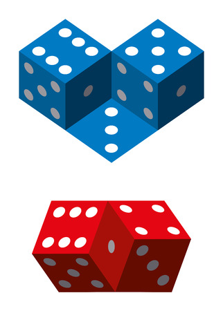 Optical illusions with dice. Geometrical illusion with blue and red dice. Illustration on white background.のイラスト素材