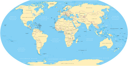 World map with shorelines, national borders, oceans and seas under the Robinson projection. English labeling. Illustration.のイラスト素材