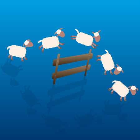 Counting sheep - cartoon illustration of sheep jumping over a wooden fence at night.のイラスト素材