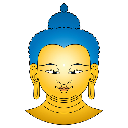 Gold colored Buddha head with blue hairs. Bodhisattva illustration on white background. Urna, the circular white dot between the eyebrows symbolizes the third eye and vision into the divine world.のイラスト素材