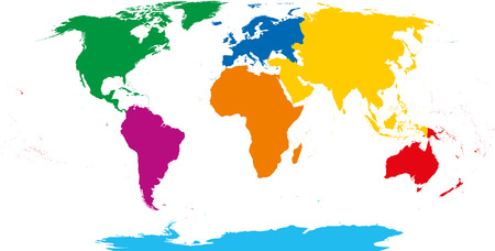 Seven continents map. Asia yellow, Africa orange, North America green, South America purple, Antarctica cyan, Europe blue and Australia in red color. Robinson projection over white. Illustration.のイラスト素材