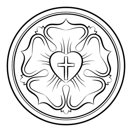 Luther rose monochrome calligraphic illustration. Also Luther seal, symbol of Lutheranism. Expression of theology and faith of Martin Luther, consisting of a cross, an heart, a single rose and a ring.のイラスト素材