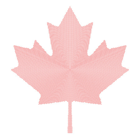 Maple leaf symbol red radial dot pattern. Characteristic leaf of the maple tree and national symbol of Canada. Formed by single dots beginning from the center. Illustration on white background.のイラスト素材