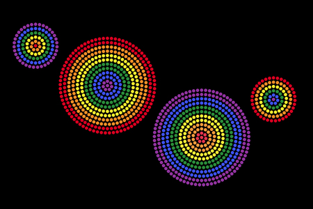 Gay radial dot patterns. Dots forming four circles with the six colors of the rainbow flag that is used for the Lesbian, gay, bisexual and transgender movement. Illustration on black background.のイラスト素材