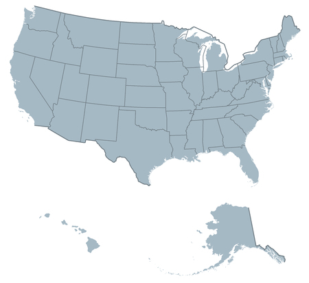 USA United States of America political map. The U.S. states including Alaska and Hawaii with national and international borders. Gray colored illustration on white background.のイラスト素材