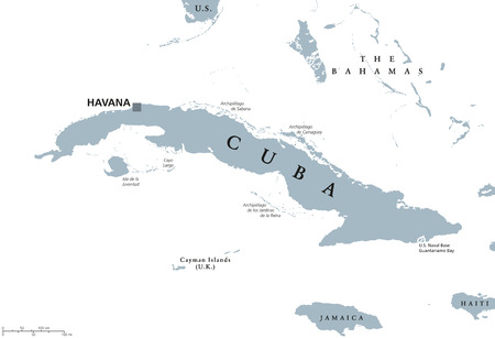 Cuba political map with capital Havana. Republic in the northern Caribbean with the neighbor countries Jamaica, Haiti, the Cayman Islands and The Bahamas. English labeling and scaling. Illustration.のイラスト素材