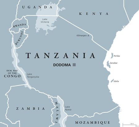 Tanzania political map with capital Dodoma, national borders, islands Zanzibar, Pemba and neighbor countries. Republic in Eastern Africa. English labeling. Gray colored illustration over white.のイラスト素材