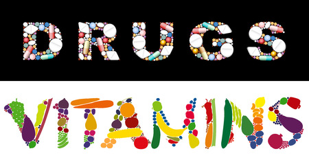 The words DRUGS VITAMINS and composed with pills and capsules, and fruits and vegetables.のイラスト素材