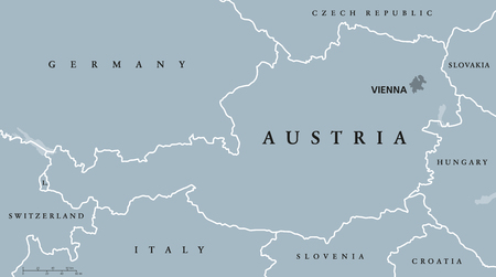 Austria political map with capital Vienna, national borders and neighbor countries. Federal republic in the heart of Europe. Gray illustration with English labeling on white background. Vector.のイラスト素材