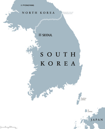 South Korea political map with capital Seoul and national borders. Republic in East Asia constituting the southern part of Korean Peninsula. Gray illustration with English labeling over white. Vector.のイラスト素材
