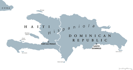 Hispaniola political map, also San Domingo. Haiti and Dominican Republic with capitals Port-au-Prince and Santo Domingo, in the Caribbean island group. Gray illustration with English labeling. Vector.のイラスト素材