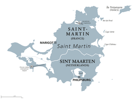 Saint Martin political map. Caribbean island with countries Saint-Martin, France and Sint Maarten, The Netherlands. Capitals Marigot and Philipsburg. Gray illustration with English labeling. Vector.のイラスト素材