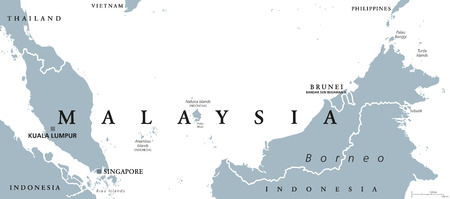 Malaysia political map with capital Kuala Lumpur in Asia with neighbor countries Indonesia, Singapore and Brunei. Gray illustration with English labeling on white background. Vector.のイラスト素材