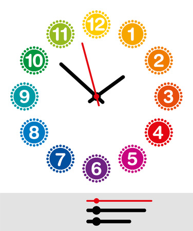 Rainbow colored clock face with numerals one to twelve. Analog clock and watch dial with black and red pointers showing hours, minutes and seconds. Isolated illustration on white background. Vector.のイラスト素材