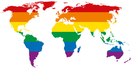 Gay pride world map. LGBT movement flag, consisting of six rainbow colored stripes in the silhouette of the world. Isolated illustration on white background. Vector.のイラスト素材