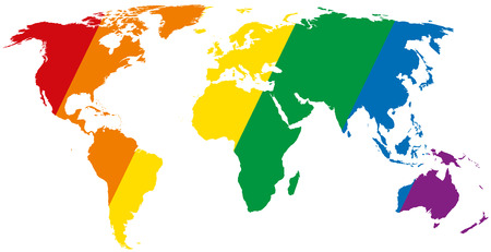 Gay pride world map with diagonal stripes. LGBT movement flag, consisting of six rainbow colored stripes in the silhouette of the world. Isolated illustration on white background. Vector.のイラスト素材