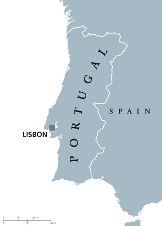 Portugal political map with capital Lisbon and neighbor countries. Republic on the Iberian Peninsula in Southwestern Europe. Gray illustration with English labeling on white background. Vector.のイラスト素材