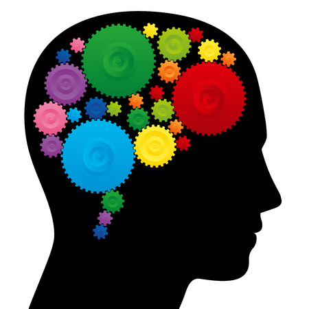 Brain with colorful cog wheels, as a symbol for creativity, ingenuity or intelligence.のイラスト素材
