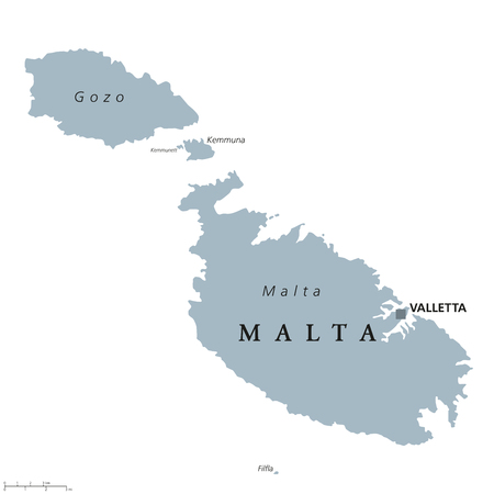 Malta political map with capital Valletta. Republic and Southern Europe island country consisting of an archipelago in the Mediterranean Sea. Gray illustration with English labeling over white. Vectorのイラスト素材