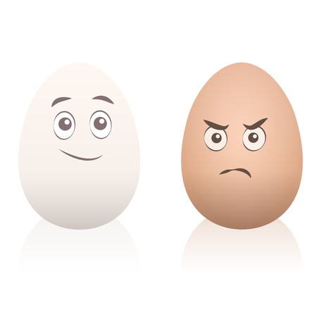 Comic eggs with faces - one is happy, one is angry. Isolated vector cartoon illustration on white background.のイラスト素材