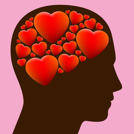Lovestruck - head full with hearts instead of brain - illustration on rosy background.のイラスト素材