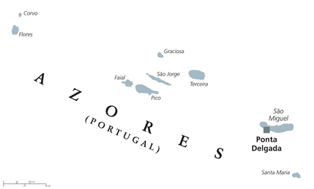 Azores political map with capital Ponta Delgada. Autonomous region of Portugal, an archipelago composed of nine volcanic islands in North Atlantic Ocean. Gray illustration, English labeling. Vector.のイラスト素材