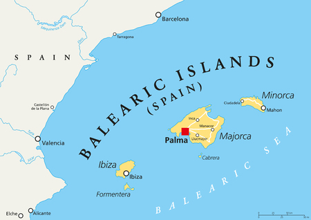 Balearic Islands political map with capital Palma. Archipelago of Spain in Mediterranean Sea near Iberian Peninsula coast. Majorca, Minorca, Ibiza, Formentera. lllustration. English labeling. Vectorのイラスト素材