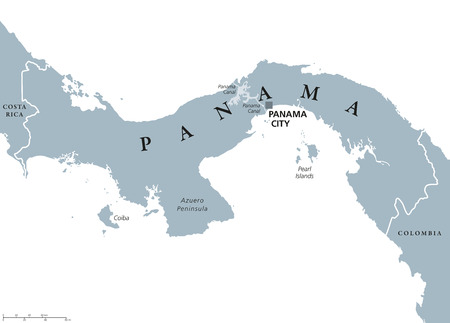 Panama political map with capital Panama City, national borders, neighbor countries and the Panama Canal. Republic in North and Central America. Gray illustration, English labeling, over white. Vectorのイラスト素材