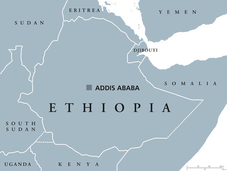 Ethiopia political map with capital Addis Ababa and borders. Federal Democratic Republic and a country located in the Horn of Africa. Gray illustration isolated over white. English labeling. Vector.のイラスト素材