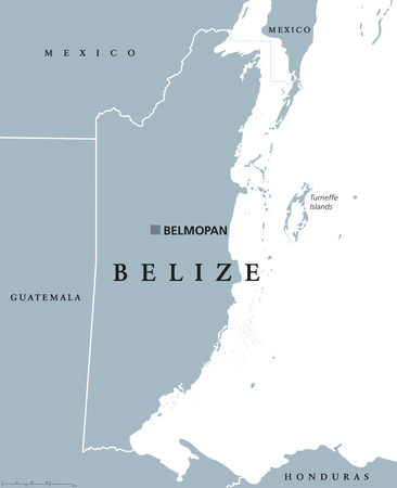Belize political map with capital Belmopan and national borders. Formerly British Honduras, country on eastern coast of Central America. Gray illustration on white background. English labeling. Vectorのイラスト素材