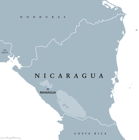 Nicaragua political map with capital Managua, national borders and neighbors. Republic and country in Central America isthmus. English labeling. Vector.のイラスト素材