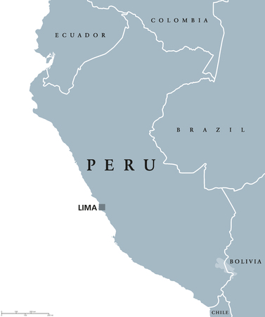 Peru political map with capital Lima, national borders and neighbors. Republic and country in western South America. Gray illustration isolated on white background. English labeling. Vector.のイラスト素材